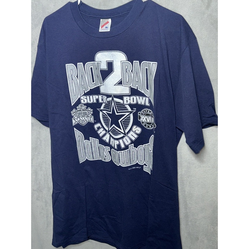 1993 Jerzees Blue Dallas Cowboys Back 2 Back Super Bowl Champions T-Shirt XL